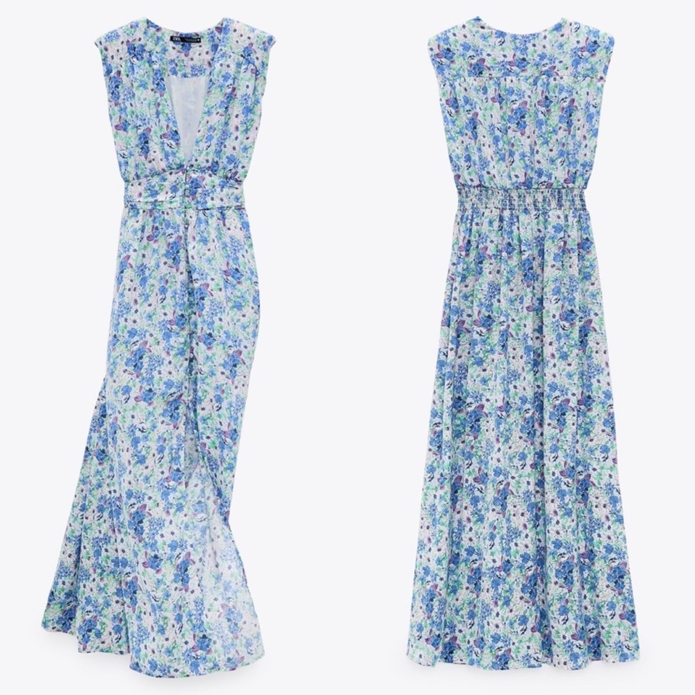 Zara Blue Floral Printed Midi Summer Sun Dress Bloomcore Cottagecore Medium NEW